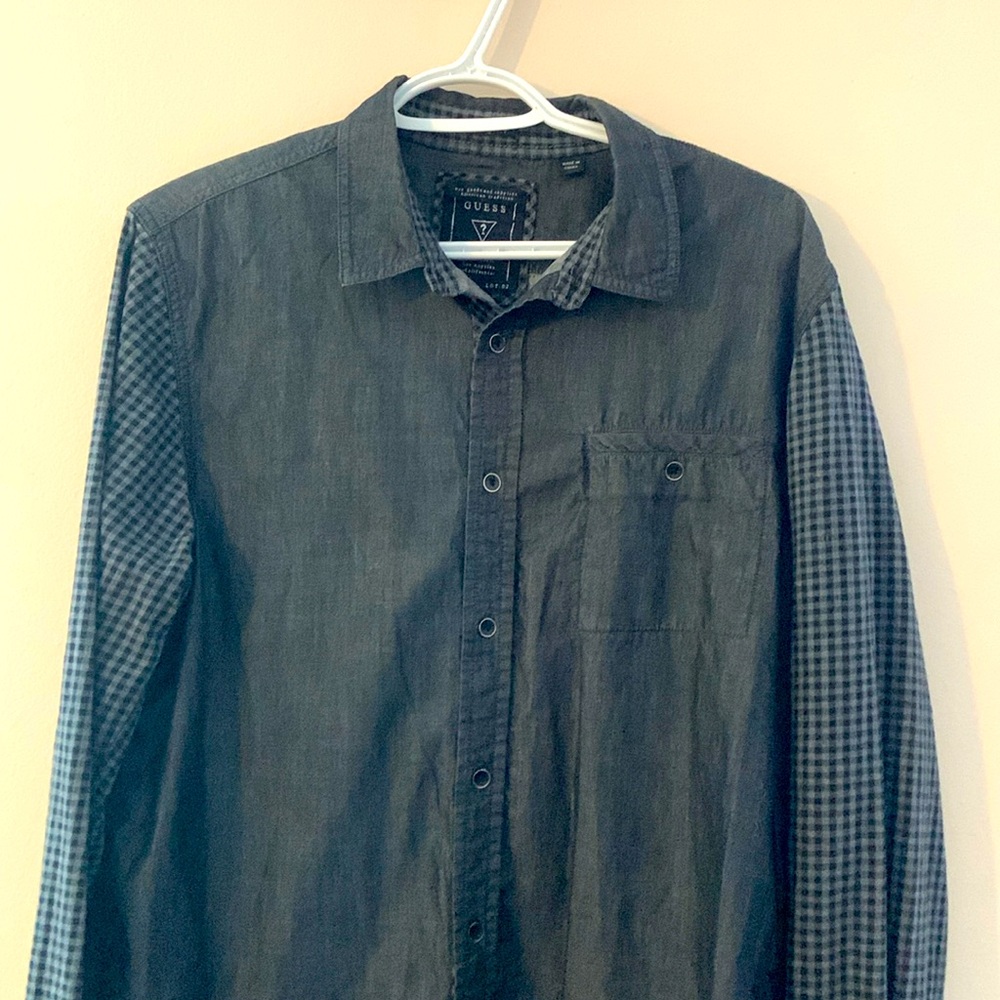 Guess - Charcoal Gray With Black & Gray Checkered Sleeves Men’s Dress Shirt